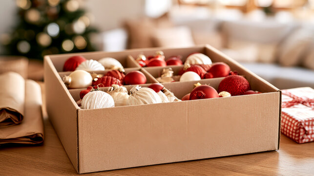 Traditional Christmas decorations stored in box beside festive tree and wrapped gifts