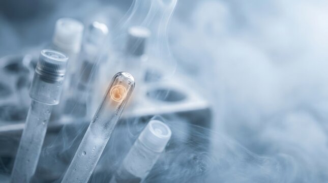 Cryogenic vials containing biological samples in foggy cold laboratory atmosphere