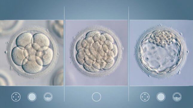 Early human embryo cell development stages including morula and blastocyst in laboratory dish
