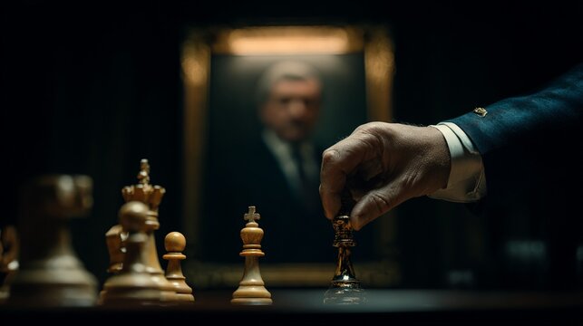chess game with a hand moving a golden king piece