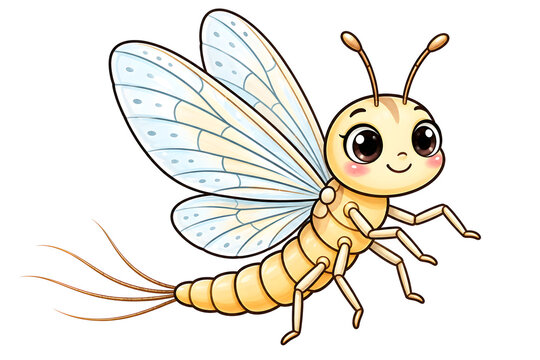 Cute mayfly insect cartoon vector illustration, Adorable baby dragonfly lacewing isolated on white background, Kawaii ephemeroptera mascot sticker design for biology education kids graphic
