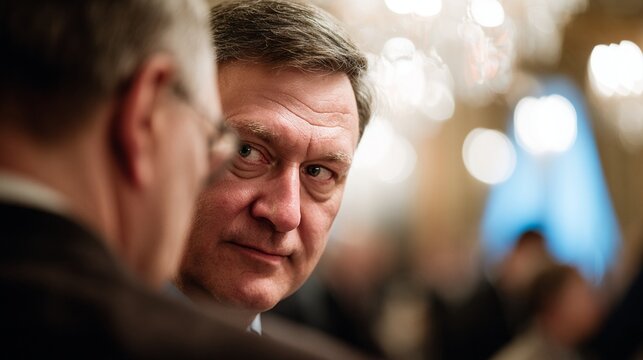 Man in suit looking thoughtfully at another person in a blurred crowd