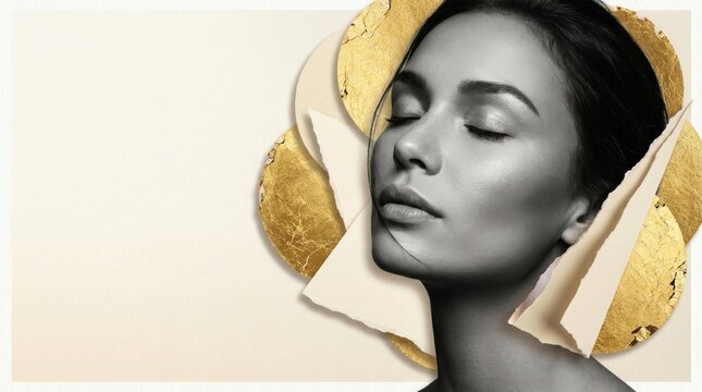 Elegant womans face profile with closed eyes framed by gold abstract shapes and torn paper for ads