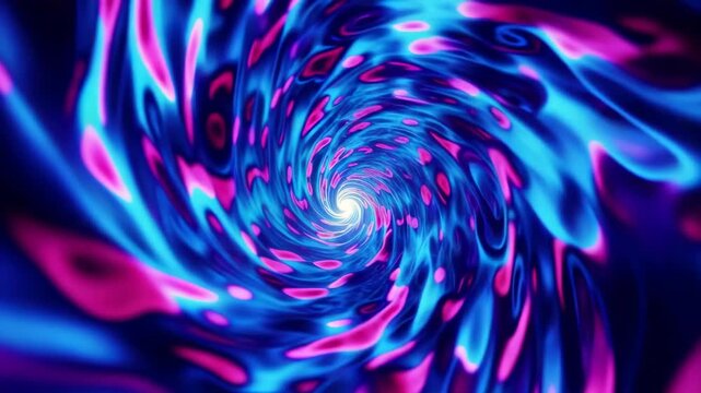 Abstract blue and pink liquid forms swirling inward through a luminous vortex with flowing neon colors and dynamic motion in digital animated background
