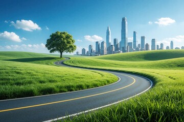 Fototapeta premium Winding asphalt road leads through rich green hills towards modern city skyline. Single large tree stands in meadow under blue sky with clouds. Contrast between peaceful rural nature, urban