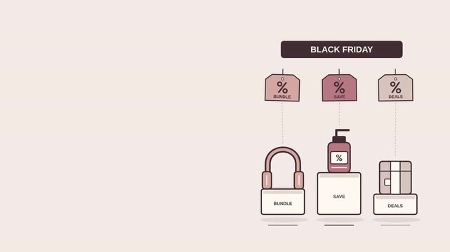 Black Friday curated product bundle animation with selected retail items, premium deals and shopping offer layout, featuring Open Copy Space Area for ecommerce branding, campaigns and promotional text