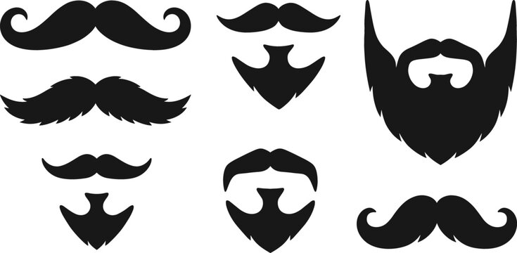 Male Facial Hair Silhouette Set Featuring Different Mustache Shapes Full Beard Styles and Goatee Vectors for Barbershop Signage and Men Grooming Product Branding Designs