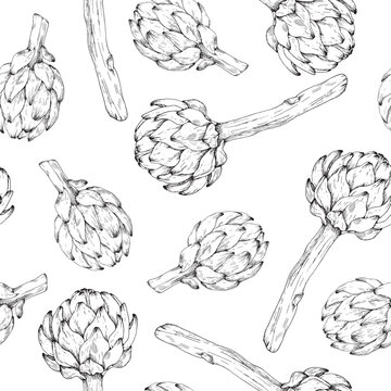 Artichoke seamless black and white hand-drawn vector pattern. Graphic ornament on a white background. Template for fabric and packaging design.