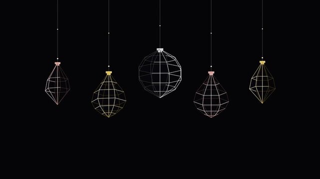 Modern Geometric Christmas Baubles Hanging Against Minimalist Black Background Design