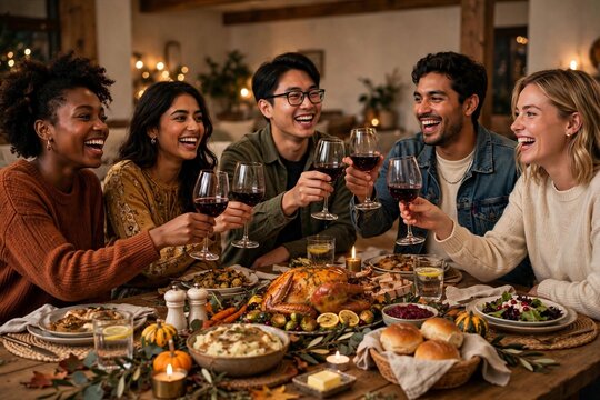 Diverse group of friends toasting with red wine at a Friendsgiving dinner party