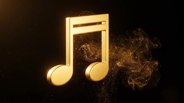 Golden musical note surrounded by swirling particles on a dark background. Music and sound symbol. Melody, audio and entertainment concept. Gold graphic for music promotion.