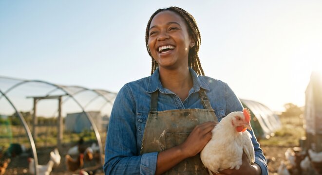 Happy female farmer holding a white chicken while smiling warmly on an organic poultry farm during a sunny day in the countryside