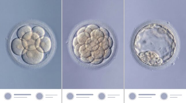 Stages of human embryo development from cleavage to blastocyst in petri dish under microscope