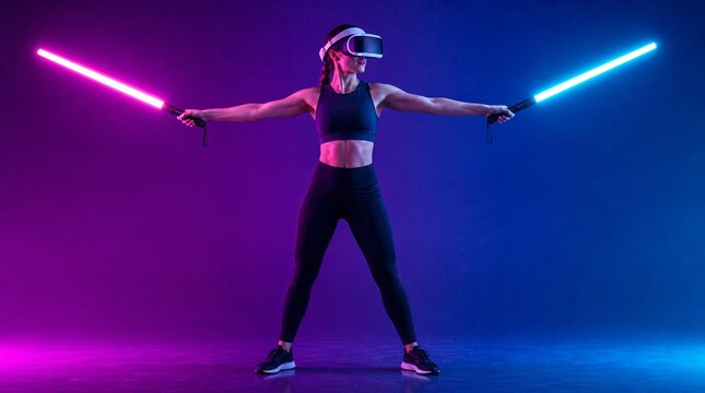 Athletic woman wearing virtual reality headset holds glowing neon light swords while enjoying an immersive futuristic fitness and gaming workout