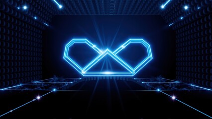 Fototapeta premium Neon infinity heart glows within dark tunnel. Lines converge toward central luminous symbol. Futuristic aesthetic dominates composition.