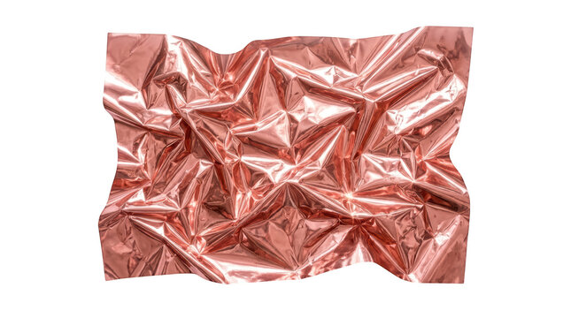 Crinkled rose gold metallic foil texture isolated on transparent background