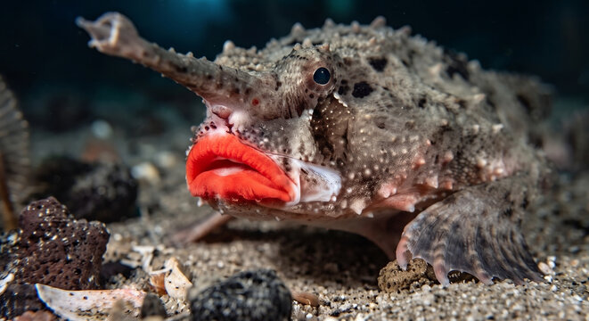 Unusual bottom-dwelling fish with a long snout and striking bright red lips on a sandy ocean floor