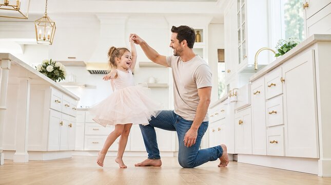 Happy father dancing with his little daughter while playing together in a bright modern kitchen, celebrating family moments and childhood fun