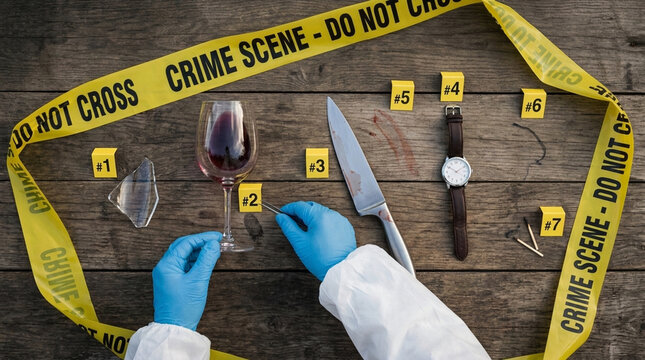 Crime Scene Investigation Evidence Collection with Gloves Knife Wine Glass Watch and Evidence Markers