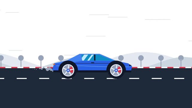 Blue Sports Car Driving Fast on Highway Road Flat Animation
