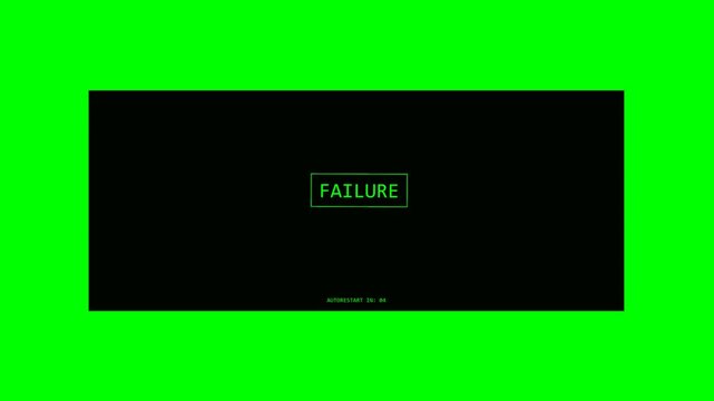 A dark panel displaying green failure text inside a box alongside reboot required text animates over a bright green screen background.