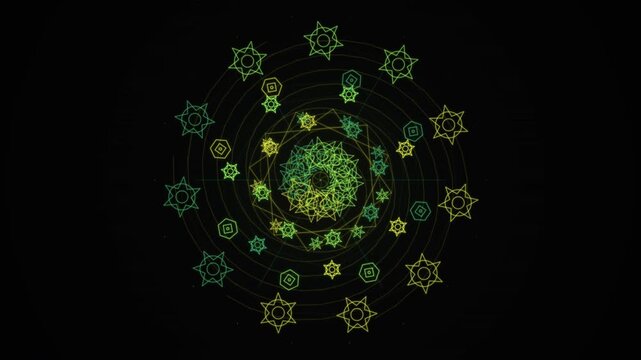 Intricate geometric star shapes glow in a looping mandala pattern against a dark background.