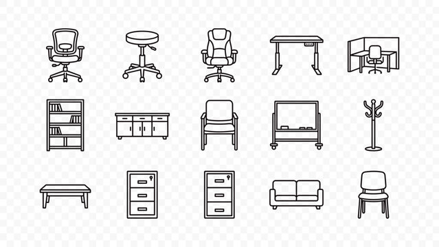 flat vector illustration line art icon bundle set design office storage furniture cabinet bookshelf drawer locker filing document archive room graphic element ui concept