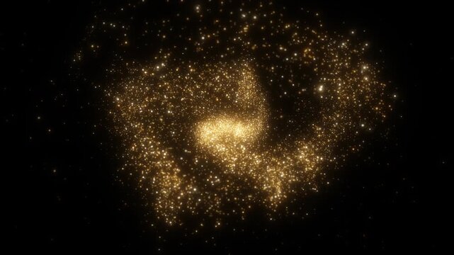 Luxury Golden Particle Nebula Abstract Background, Glowing Gold Sparkling Dust Swirling in Black Space, Seamless Loop 4K Cinematic Animation for Jewelry, Wedding, Premium Brand and Title Sequence
