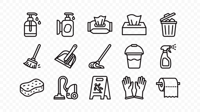 flat vector illustration line art icon bundle set design cleaning supply housework hygiene tool broom mop bucket sponge spray soap trash bin brush graphic web ui concept