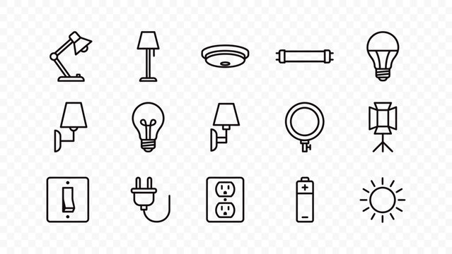 flat vector illustration line art icon bundle set design lighting electric lamp bulb switch plug socket ceiling floor wall smart energy power graphic element ui concept