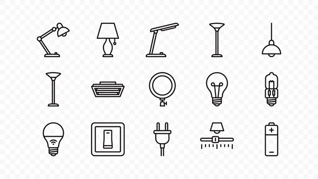 flat vector illustration line art icon bundle set design light fixture lamp bulb interior decoration electric illumination chandelier table desk room graphic web ui concept