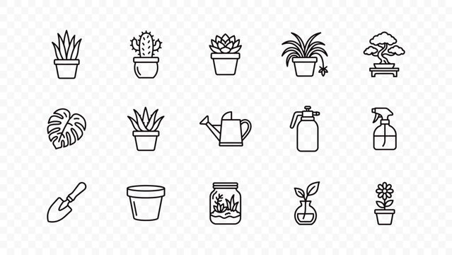 flat vector illustration line art icon bundle set design botany houseplant flower pot gardening leaf flora agriculture nature ecology organic graphic element ui concept