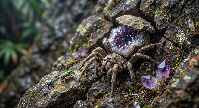 Surreal stone spider creature with a glowing purple amethyst geode abdomen hunting a green beetle on mossy rocks