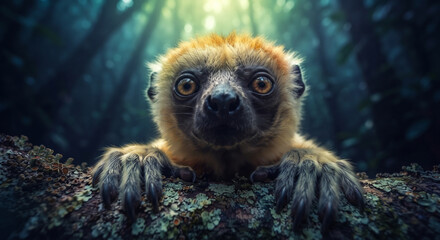 Fototapeta premium Wide-eyed nocturnal lemur with elongated fingers gripping a mossy branch in a dark misty rainforest