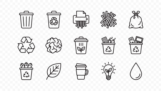 flat vector illustration line art icon bundle set design ecology environment recycling trash bin garbage waste leaf green nature organic eco graphic element web ui concept art