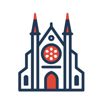 Stylized church building icon with rose window