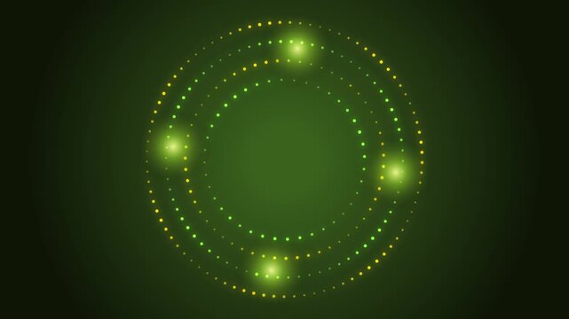 Abstract green circular dot frame with glowing light spots rotating on dark background loop.