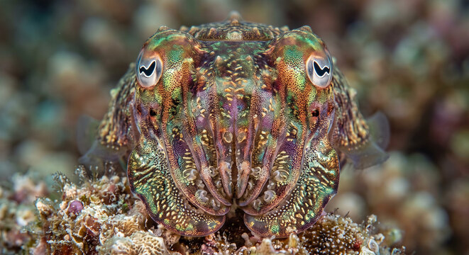 Symmetrical front-facing macro portrait of a vibrant flamboyant cuttlefish with W-shaped pupils on coral seabed