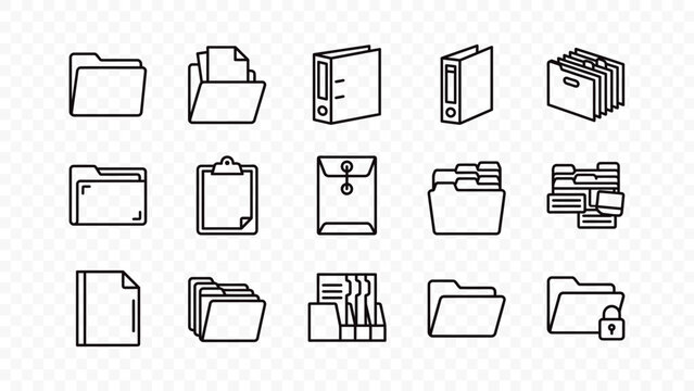 flat vector illustration line art icon bundle set design file folder document binder clipboard archive portfolio cabinet office storage supply graphic element web ui concept
