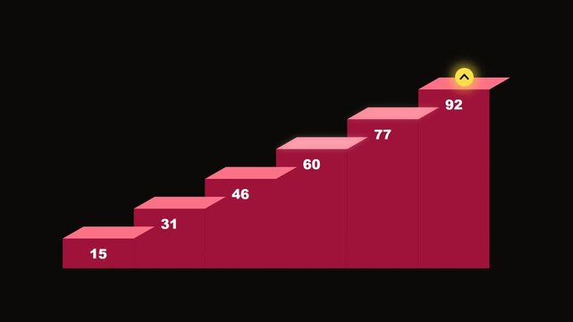 Six crimson stairs rising with progress marker on black