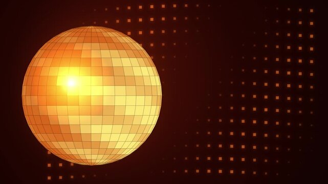 Golden disco ball spinning with glowing square particle background for music event visuals.