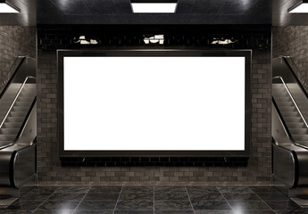 Blank billboard on underground wall. Large horizontal hoarding mockup in dark subway station. 3D rendering © sdecoret