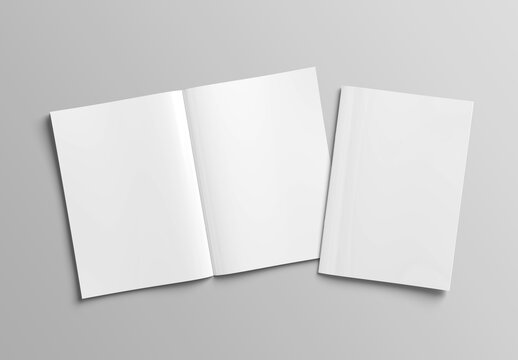 Magazine cover and open magazine mockup on isolated white background. 3D rendering