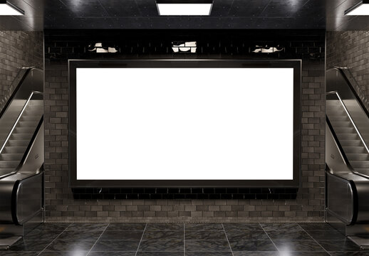 Blank billboard on underground wall. Large horizontal hoarding mockup in dark subway station. 3D rendering