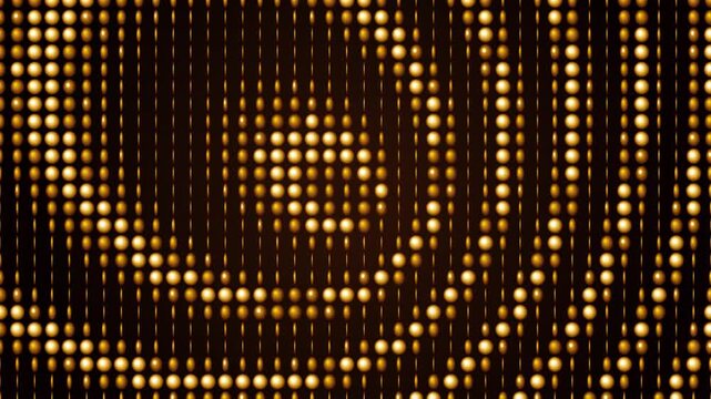 Abstract golden led light matrix displaying swirling wave patterns in a dark backdrop.