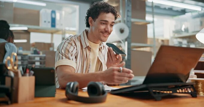 Man, talking and phone with audio for logistics, message and contact supplier for stock availability. Smile, person and mobile speaker in office with laptop, wholesale inquiry and shipping dispatch
