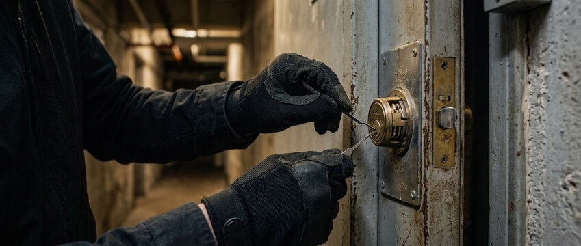 Close up of gloved hands picking an old rusty metal vault lock in a dark industrial hallway