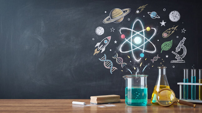 STEM education concept with colorful chemistry beakers and a magnifying glass against a blackboard filled with atom, physics, and space doodles
