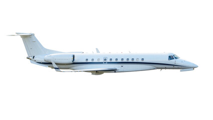 Sleek white private jet airplane with dark blue stripe, isolated on transparent background © iPNGi