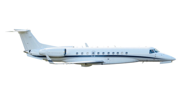 Sleek white private jet airplane with dark blue stripe, isolated on transparent background